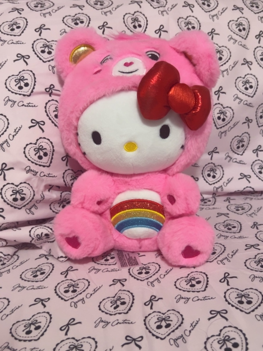 Hello Kitty Plush in Bright Pink with Red Bow and Rainbow Accent